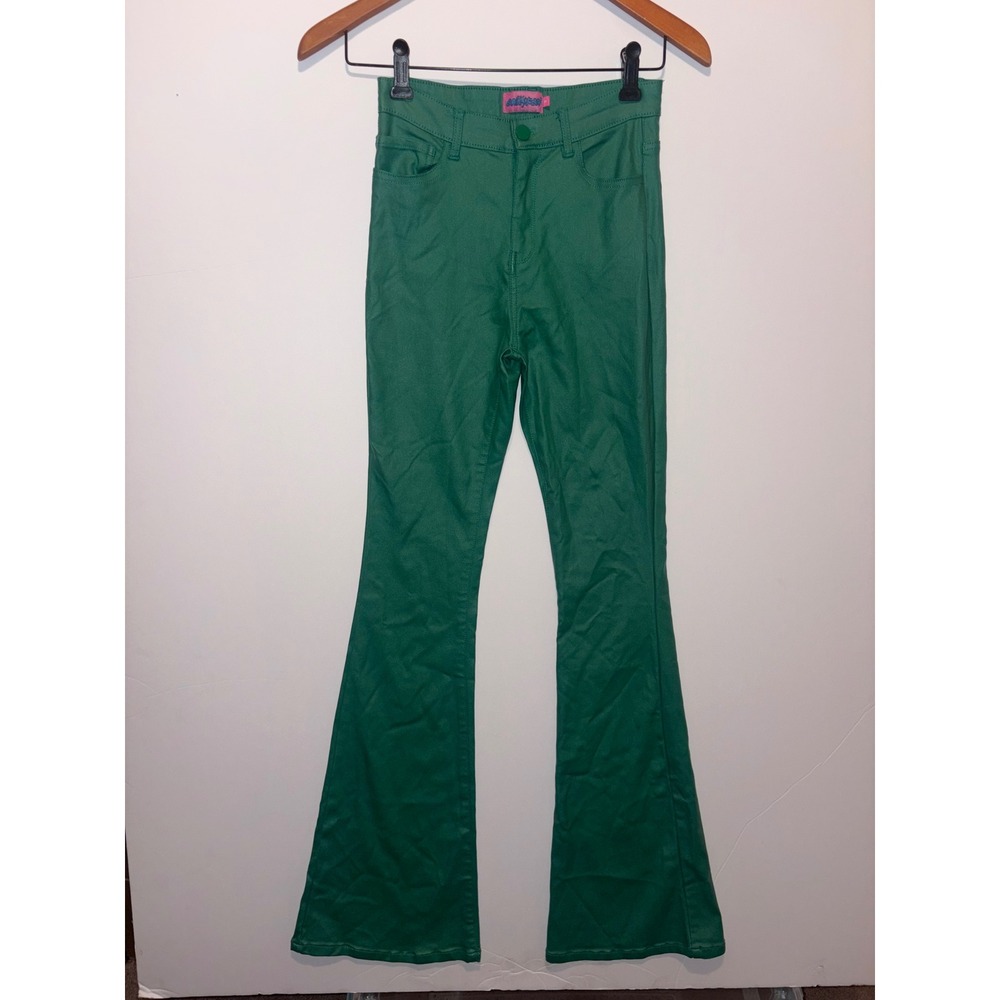 Edikted High Waisted Flare Pants Green Bell Bottom Trousers Slim Fit Stretch